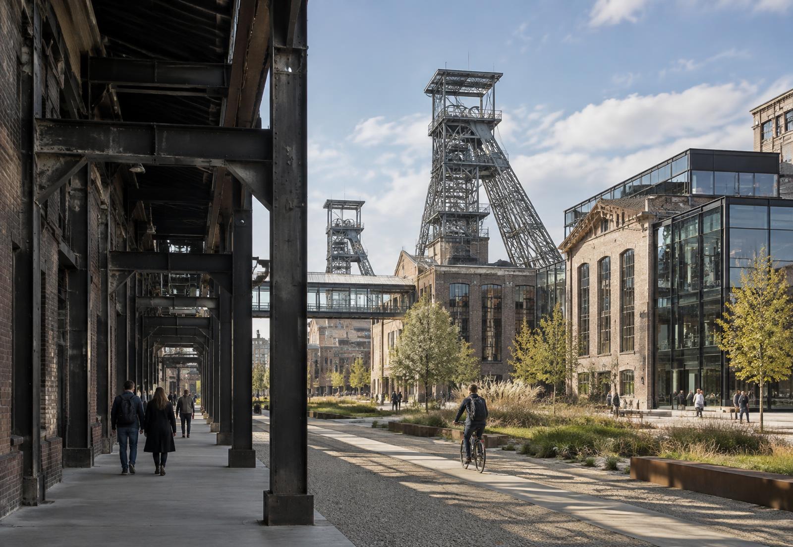 Artistieke impressie van een herbestemde industriële omgeving; geen foto van een specifieke locatie in Genk