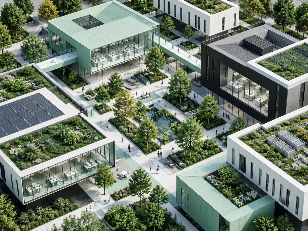 Conceptuele verbeelding van werkplekken rond een groene ontmoetingsruimte
